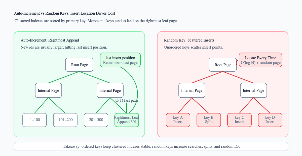 Auto-increment primary key vs random primary key insert path